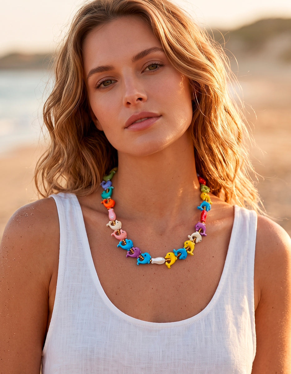 Collar de delfines multicolores en cerámica multicolor y Gold-Filled Ultramar