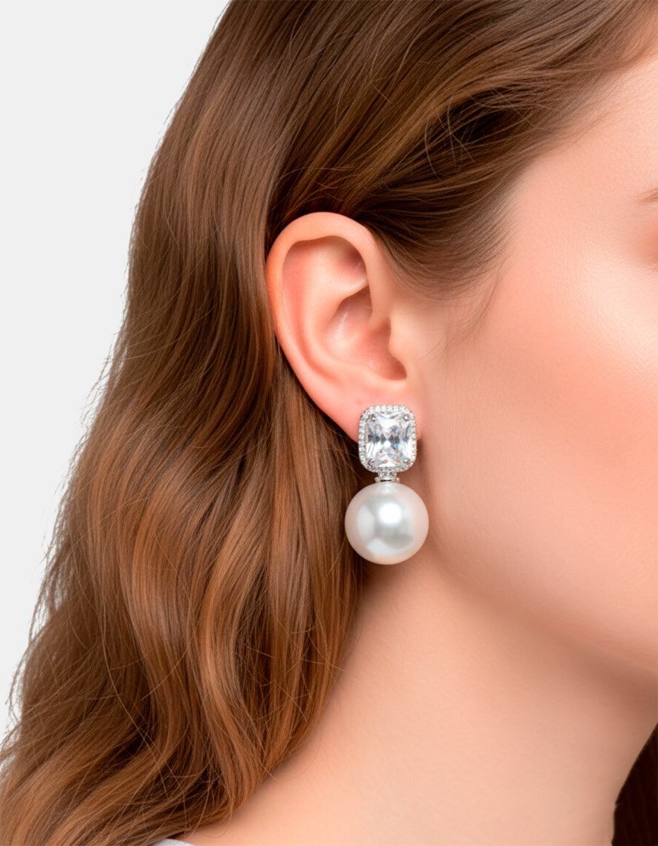Aretes topacio rectangular con perla Mabe y topacios blancos Festive Style