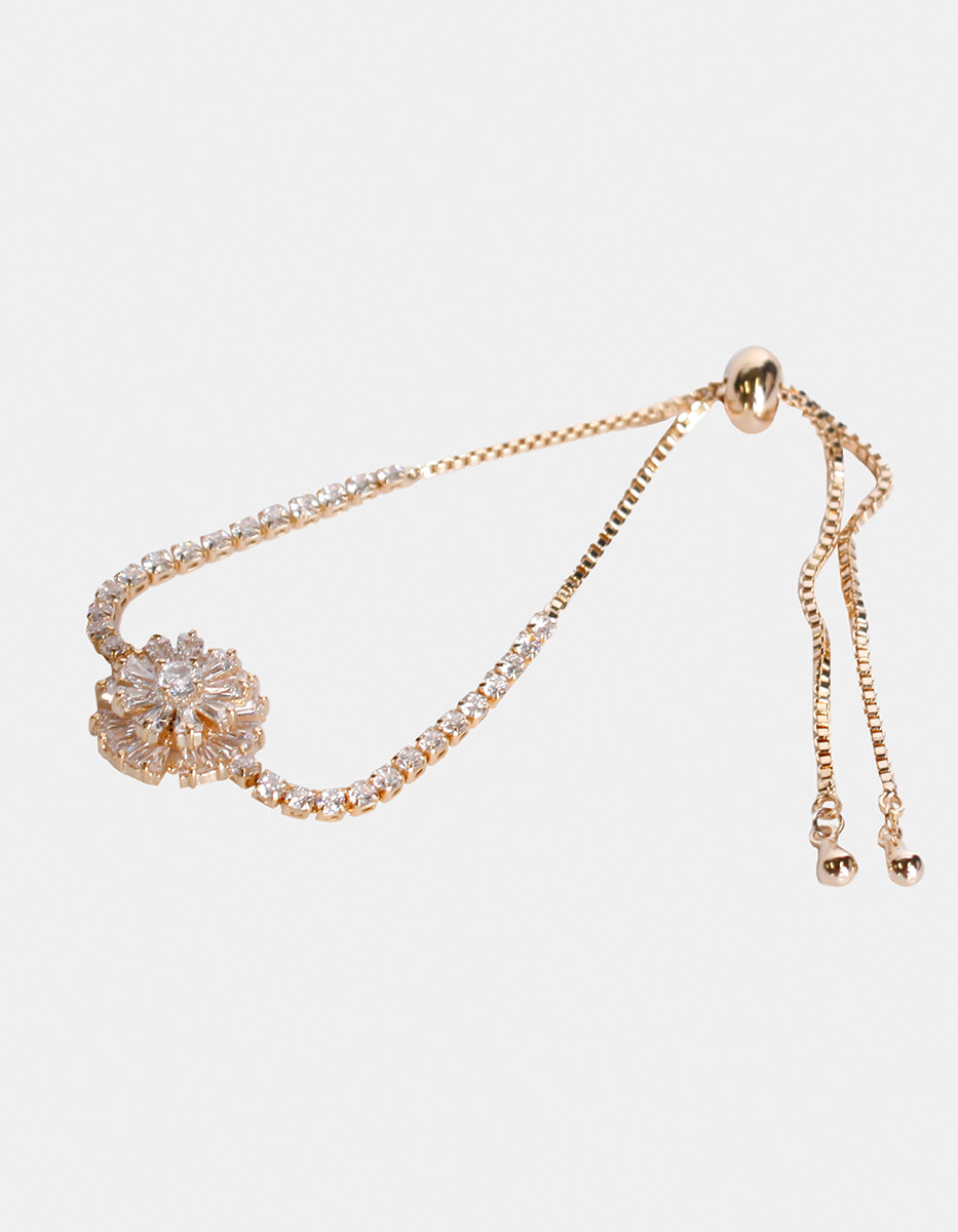 Pulsera ajustable con doble flor movimiento y topacios blancos Festive Style
