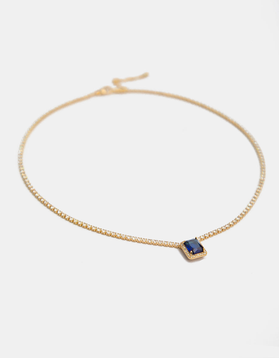 Collar de bronce en Baño de Oro 22 kt con dije de zafiro azul y topacios blancos Festive Style