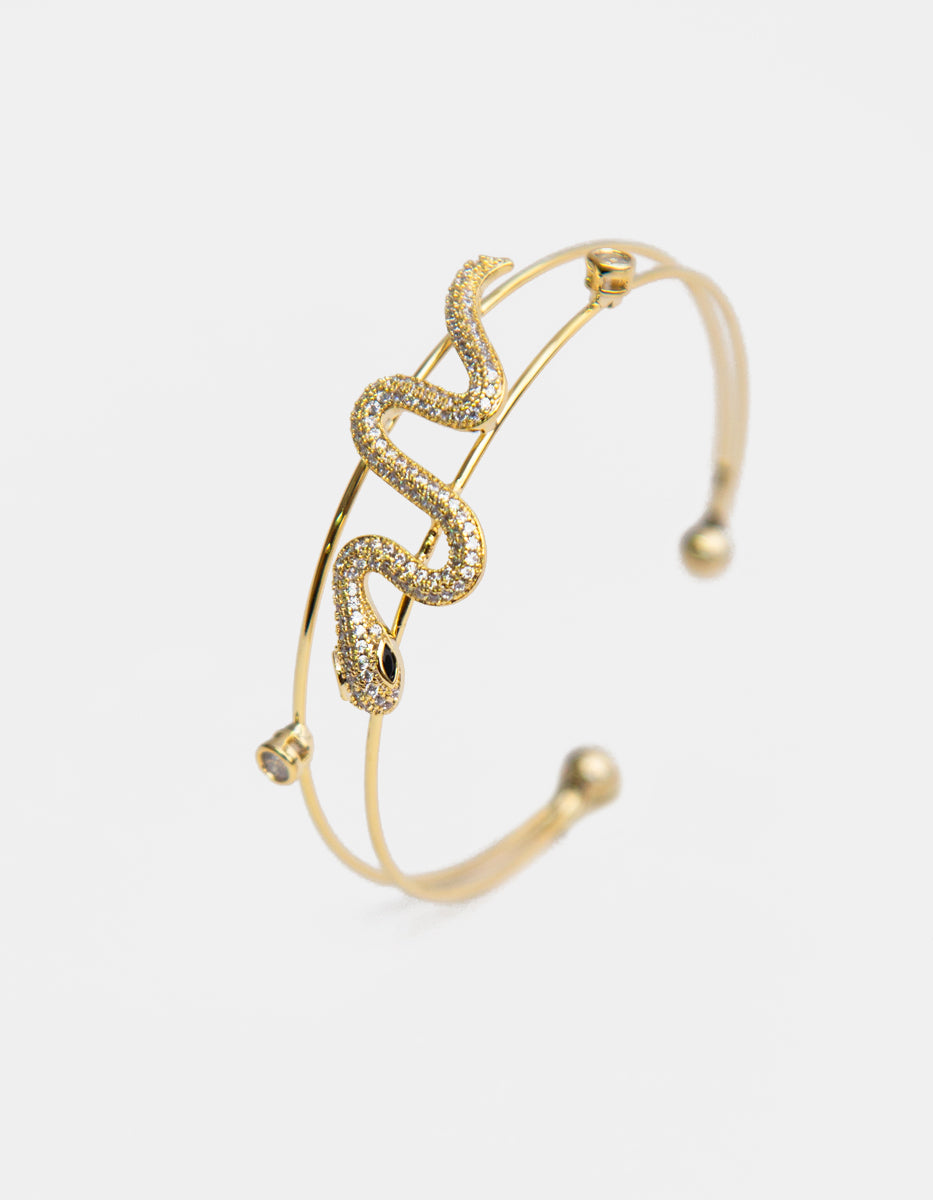 Brazalete en baño de oro de 22 kt con diseño de serpiente en dos hilos y topacios blancos Festive Style