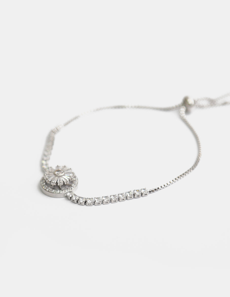 Pulsera ajustable de metal noble con flor en movimiento y topacios blancos Festive Style