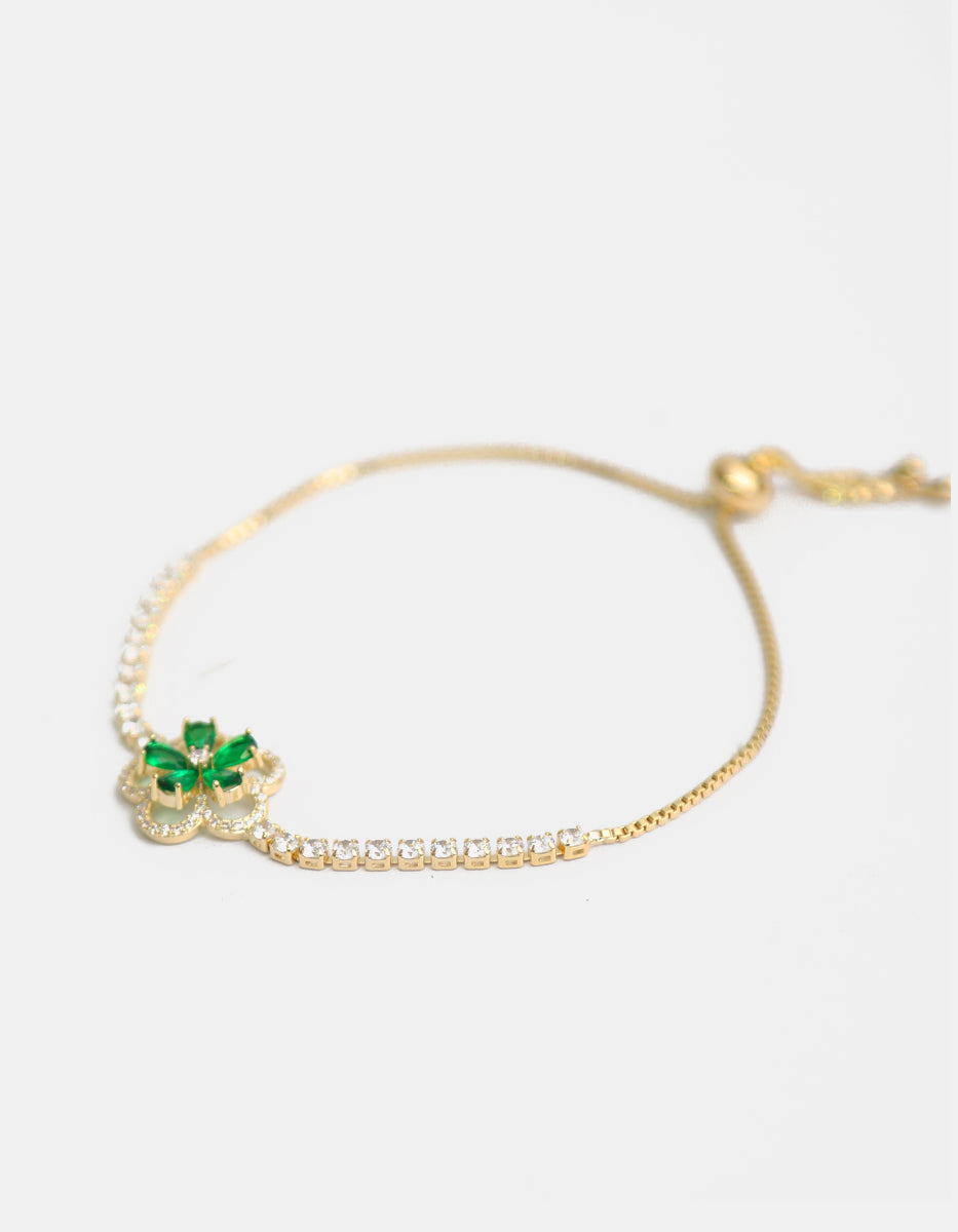 Pulsera ajustable en baño de oro de 22 kt con diseño de flor con esmeralda y topacios blancos Festive Style