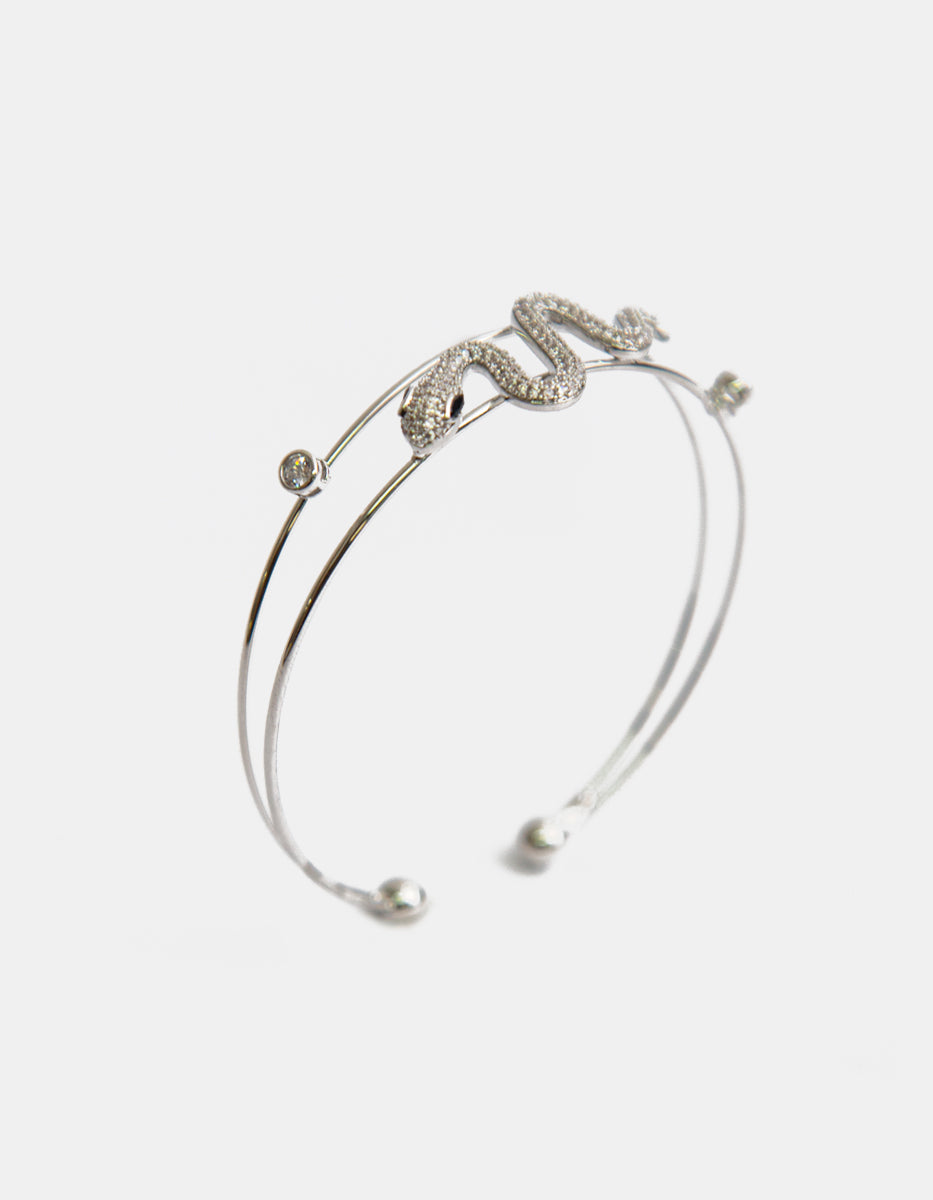 Brazalete con baño de platino doble hilo con serpiente, ágata y topacios blancos Festive Style