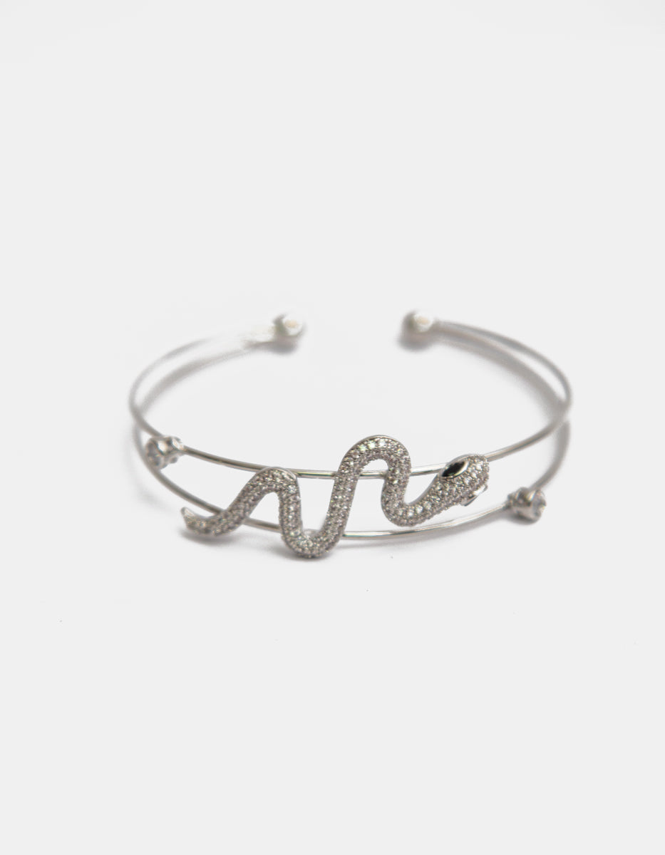 Brazalete con baño de platino doble hilo con serpiente, ágata y topacios blancos Festive Style