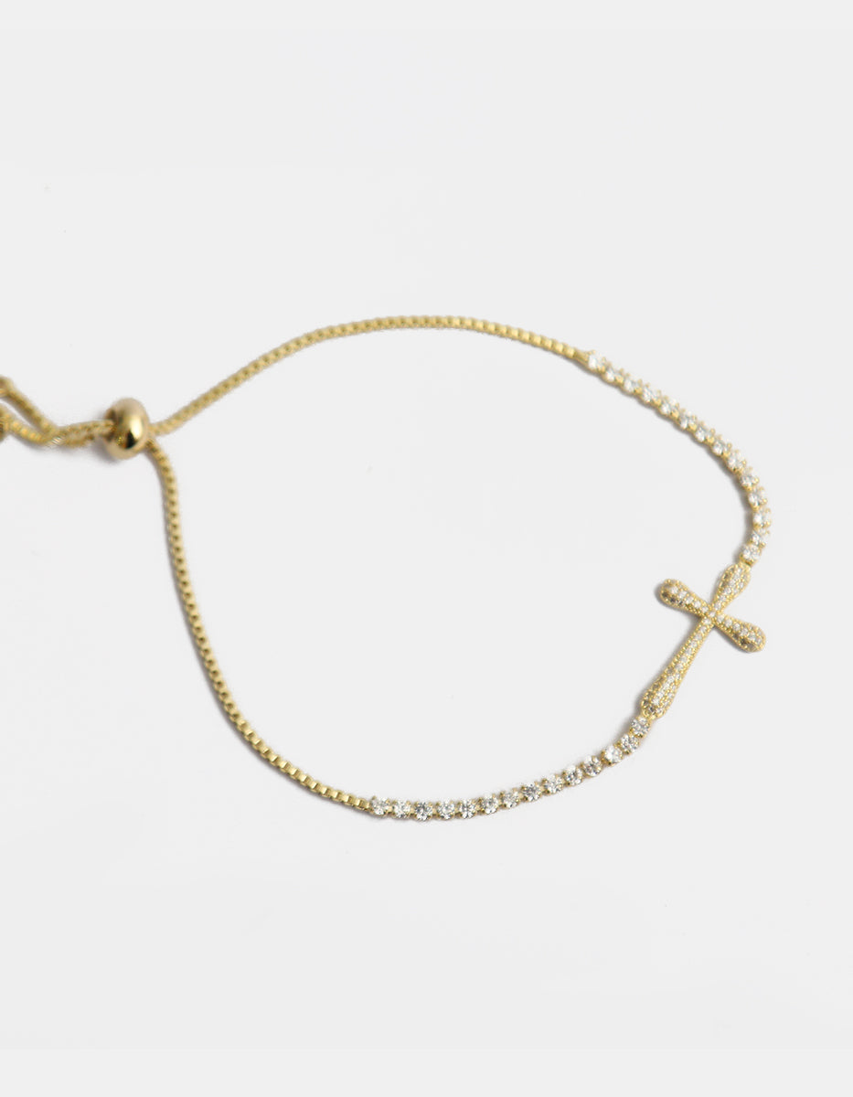 Pulsera ajustable en baño de oro de 22 kt con cruz de punta redondeada y topacios blancos Festive Style
