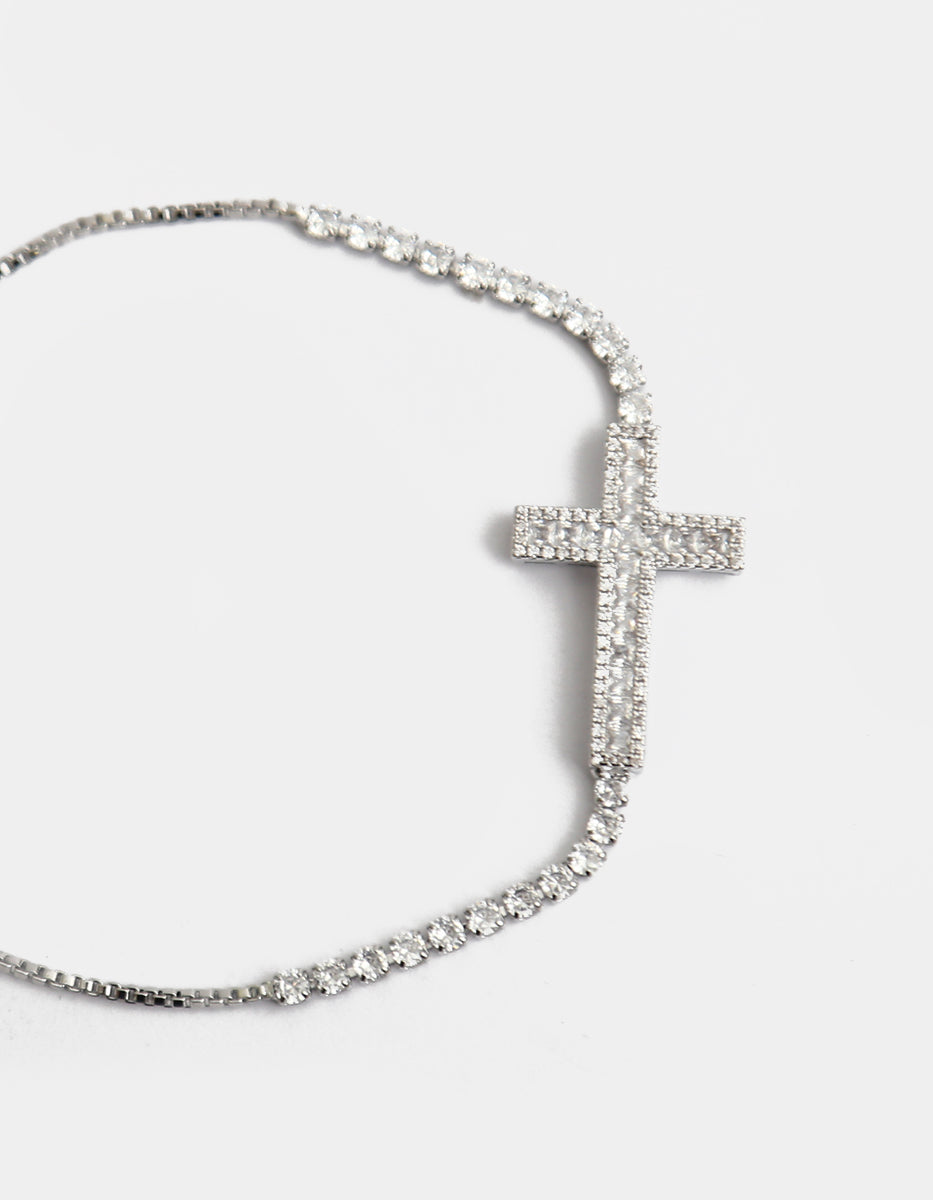 Pulsera ajustable de metal noble con cruz y topacios blancos en corte Brillante Festive Style