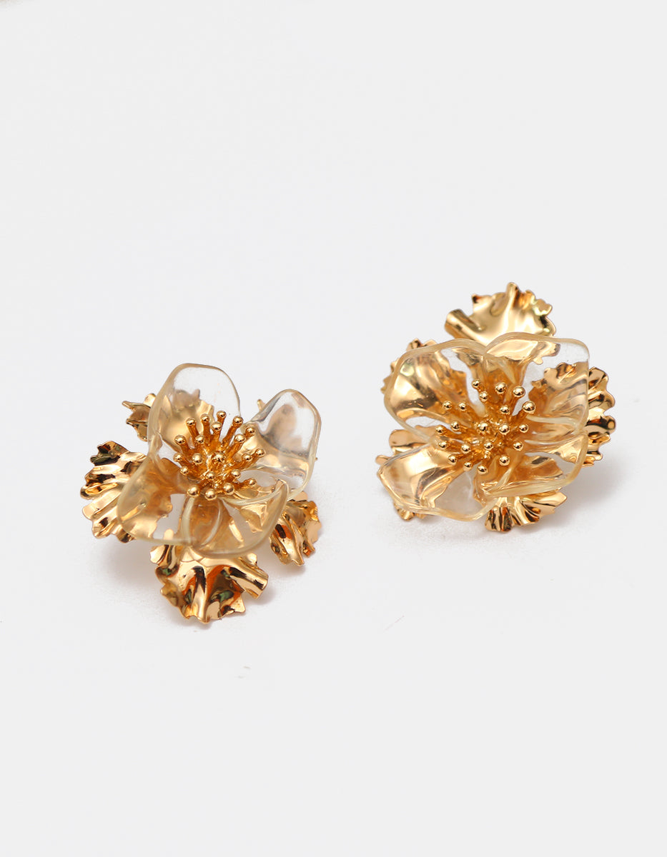 Aretes florales en Gold-Filled de 22kt con pétalos de baquelita transparente
