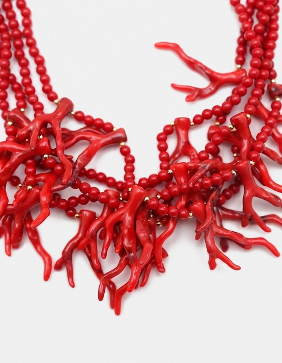 Collar multi strand de Gold-Filled con baquelita y coral rojo Ultramar