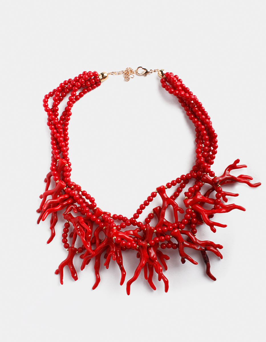 Collar multi strand de Gold-Filled con baquelita y coral rojo Ultramar