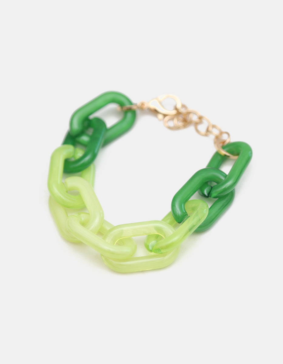 Pulsera de eslabones de acrílico bitono verde lima y bosque con cierre en gold-filled Ultramar