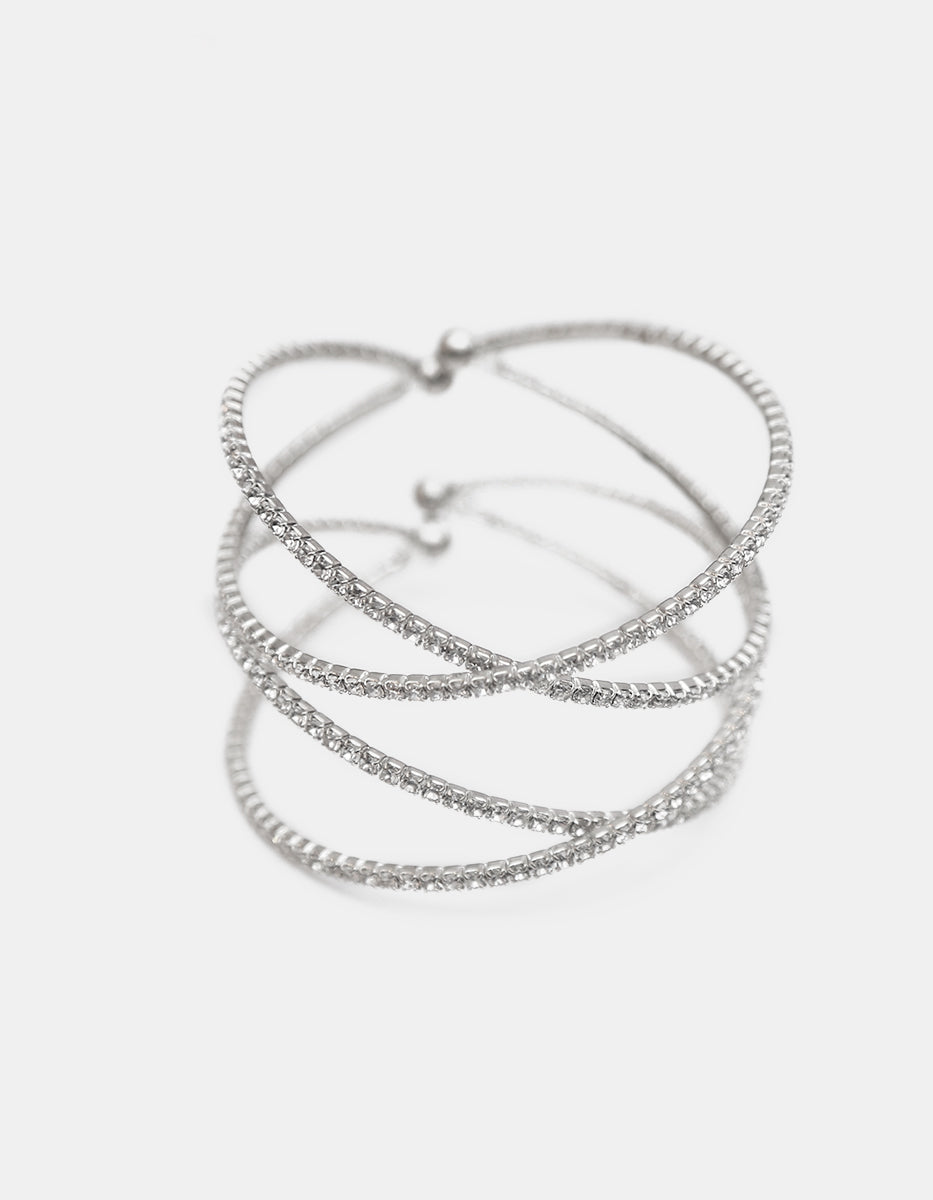 Brazalete de metal noble con líneas cruzadas, baño de rodio y topacios blancos corte brillante Festive Style