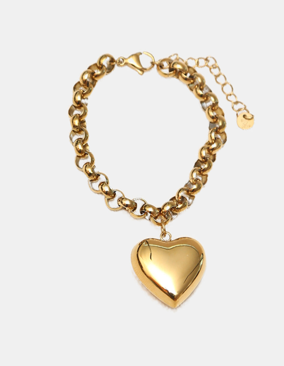 Pulsera en bronce con baño de oro 22 kt y charm de corazón pulido Love Story