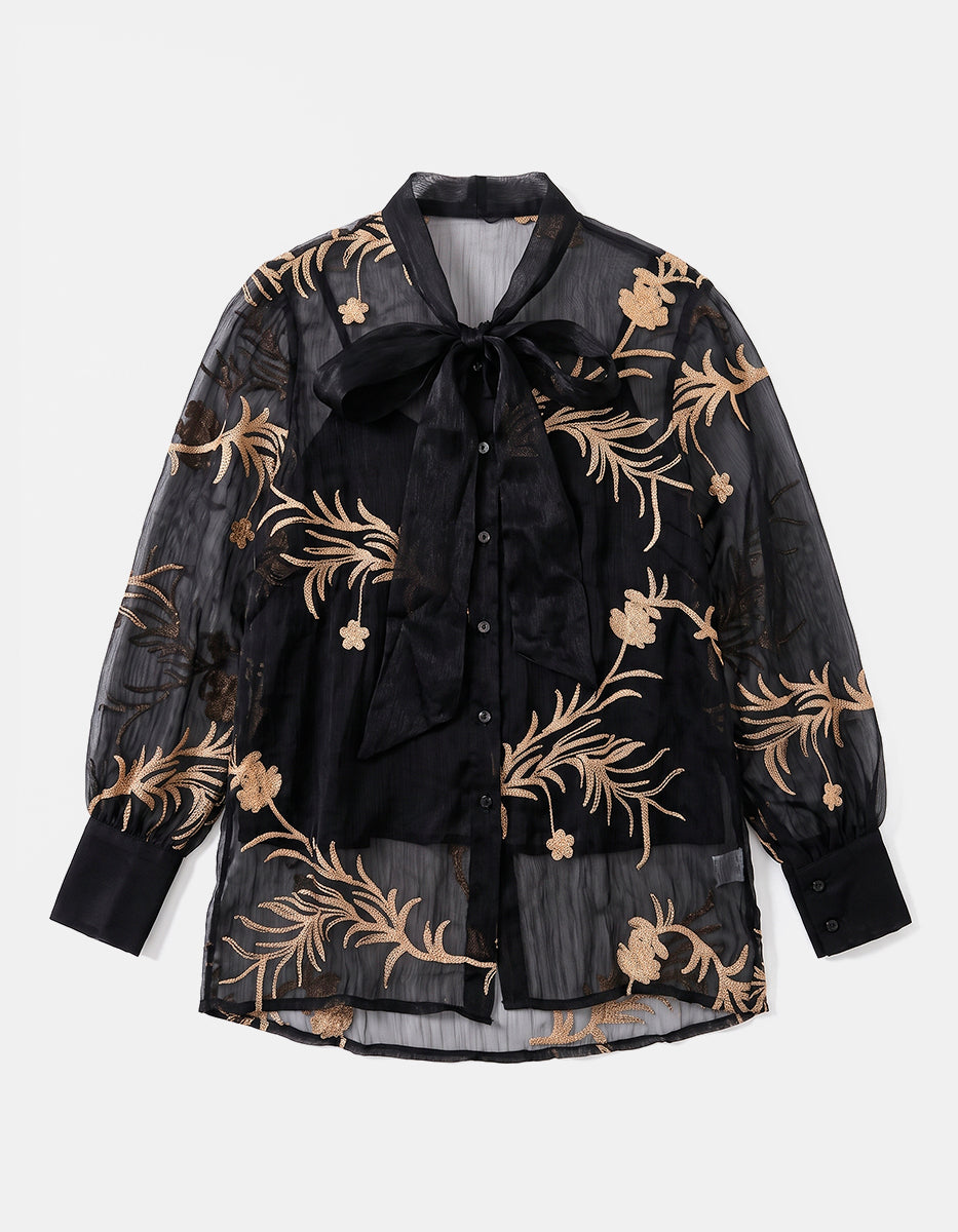 Blusa Translúcida Negra con Bordados Florales Dorados y Lazo al Cuello