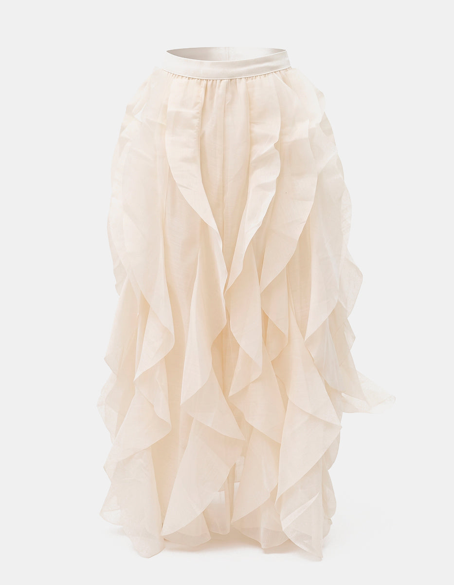Falda Maxi de Organza Marfil con Cascadas de Holanes Verticales