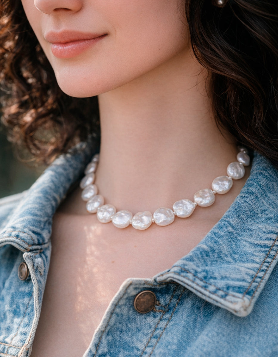 Collar anudado perla "coin" japonesa 12mm de 45cm largo · Crush