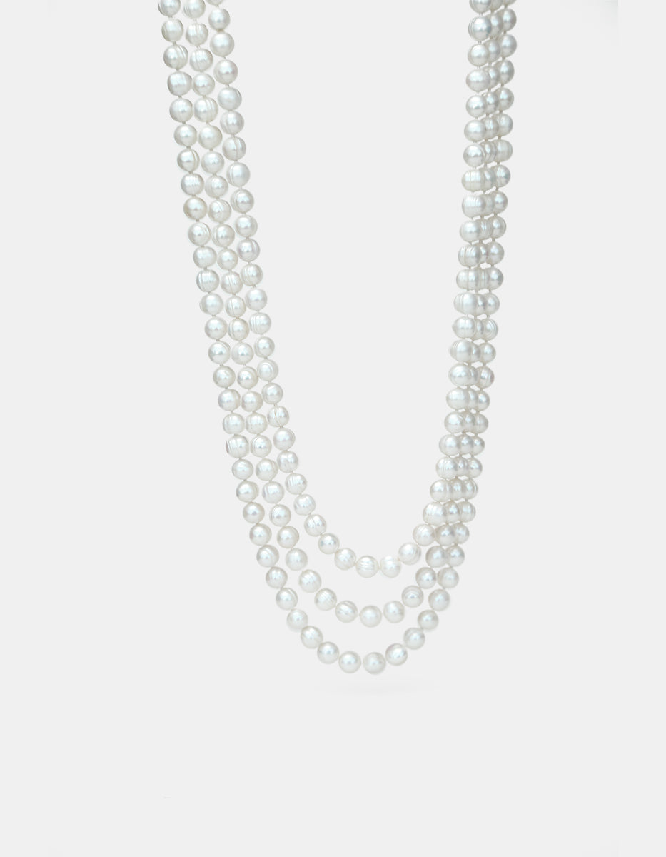 Collar anudado perla japonesa redonda 3 hilos 8mm de 62cm largo Crush