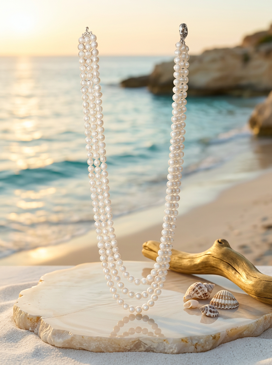 Collar anudado perla japonesa redonda 3 hilos 8mm de 62cm largo Crush