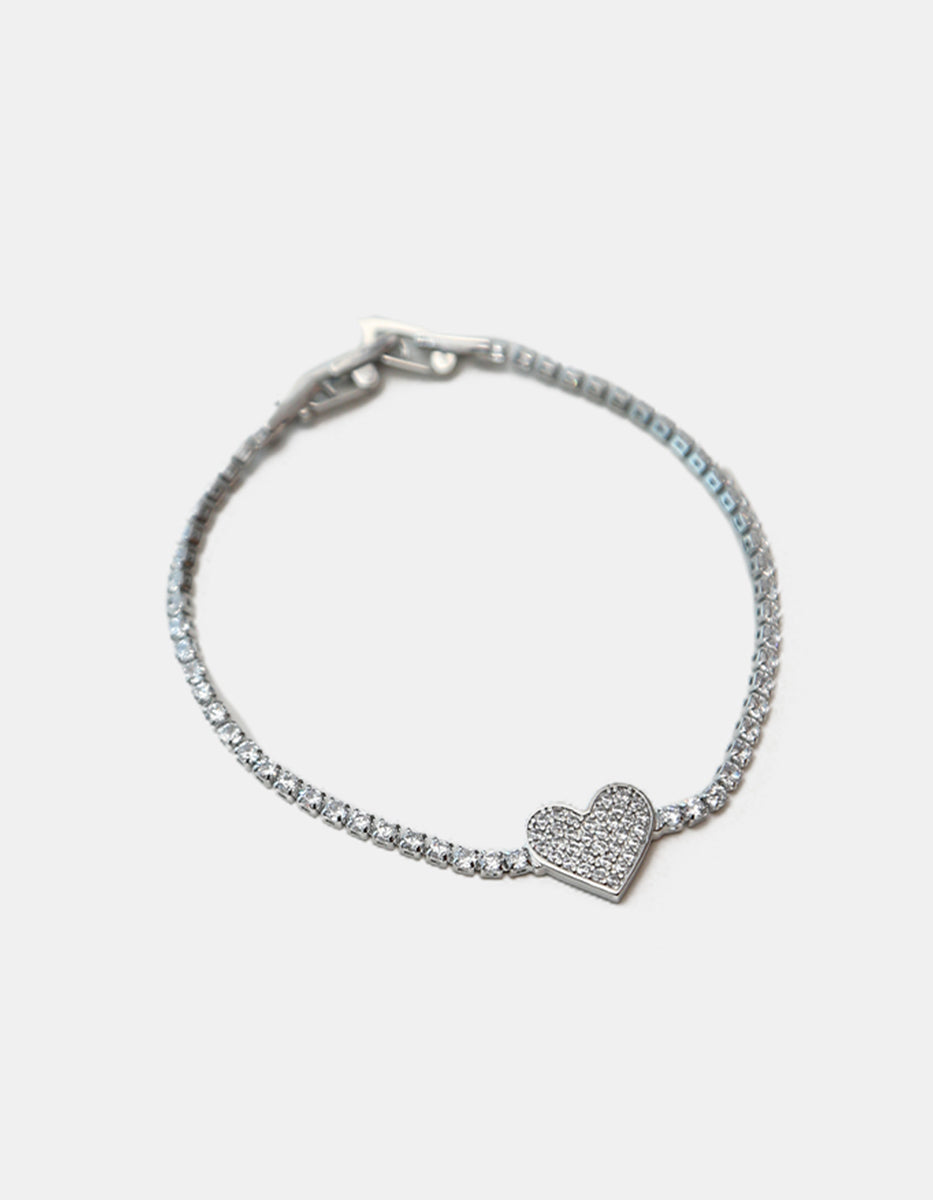 Pulsera en plata .925 con topacios blancos y dije de corazón pavé Love Story