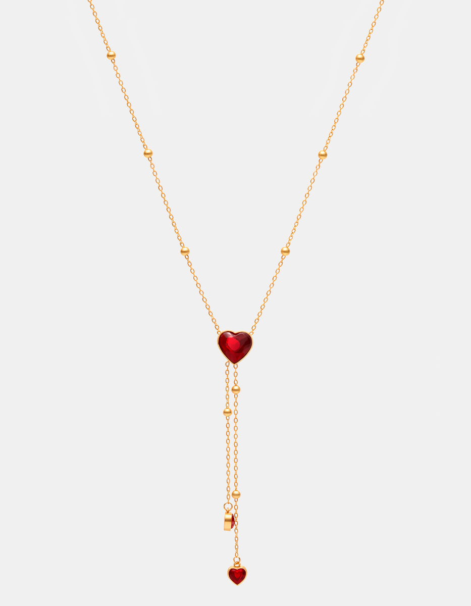 Collar con extensión ajustable hasta 55 cm con 3 corazones de Espinolita Roja tono rubí Love Story