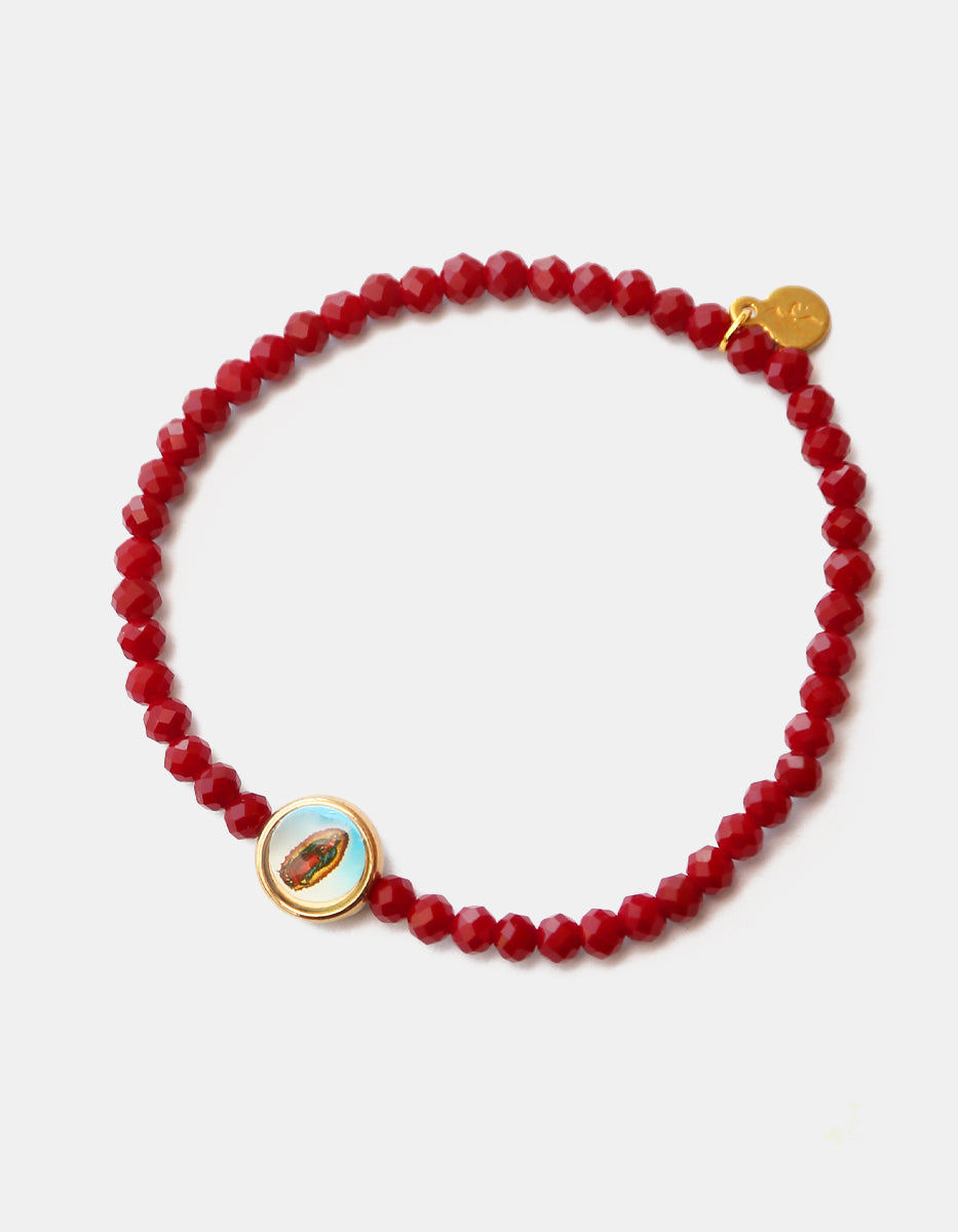 Pulsera de Cristal Austriaco Rojo carmesí con Charm de la virgen de Guadalupe