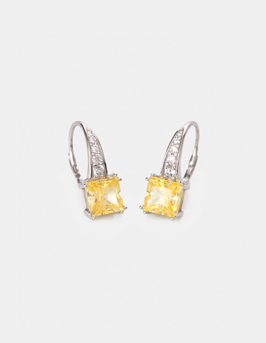 Aretes de Plata .925 con Citrinos amarillos en corte princesa y Topacios blancos Seducción