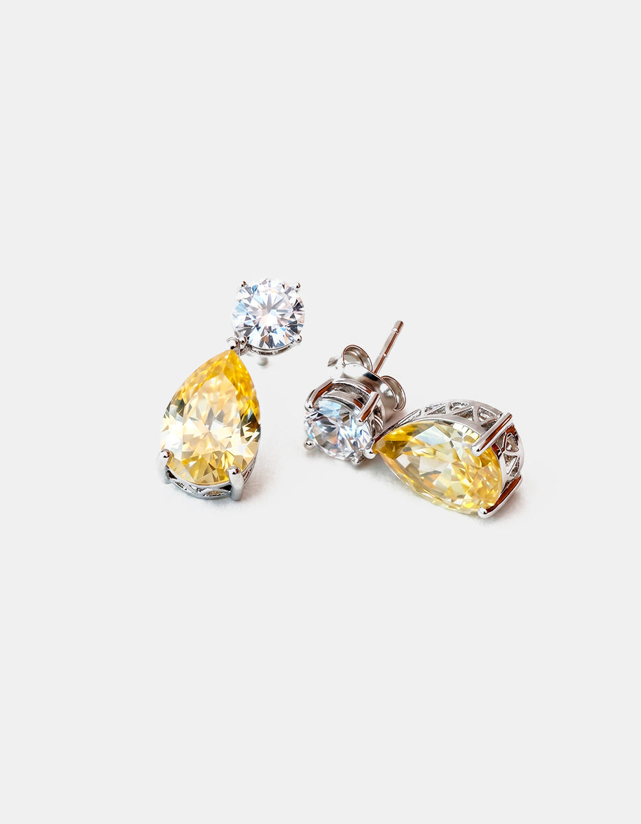 Aretes de Plata .925 con citrinos amarillos en corte pera y topacios blancos en corte princesa Seducción