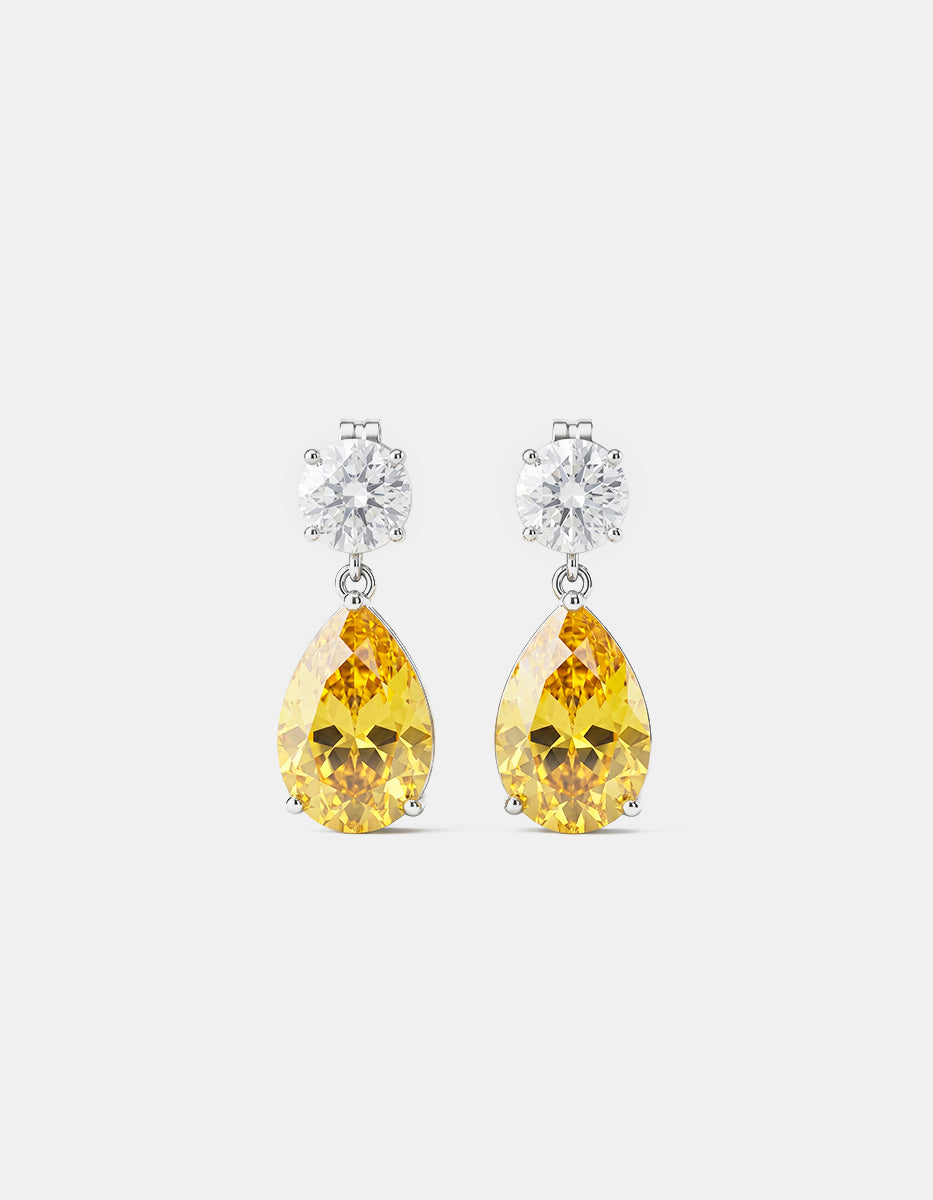 Aretes de Plata .925 con citrinos amarillos en corte pera y topacios blancos en corte princesa Seducción