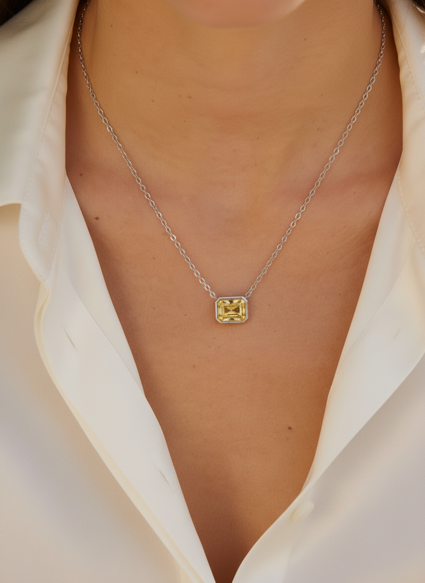 Collar de Plata .925 con dije de citrino amarillo en corte radiante Seducción
