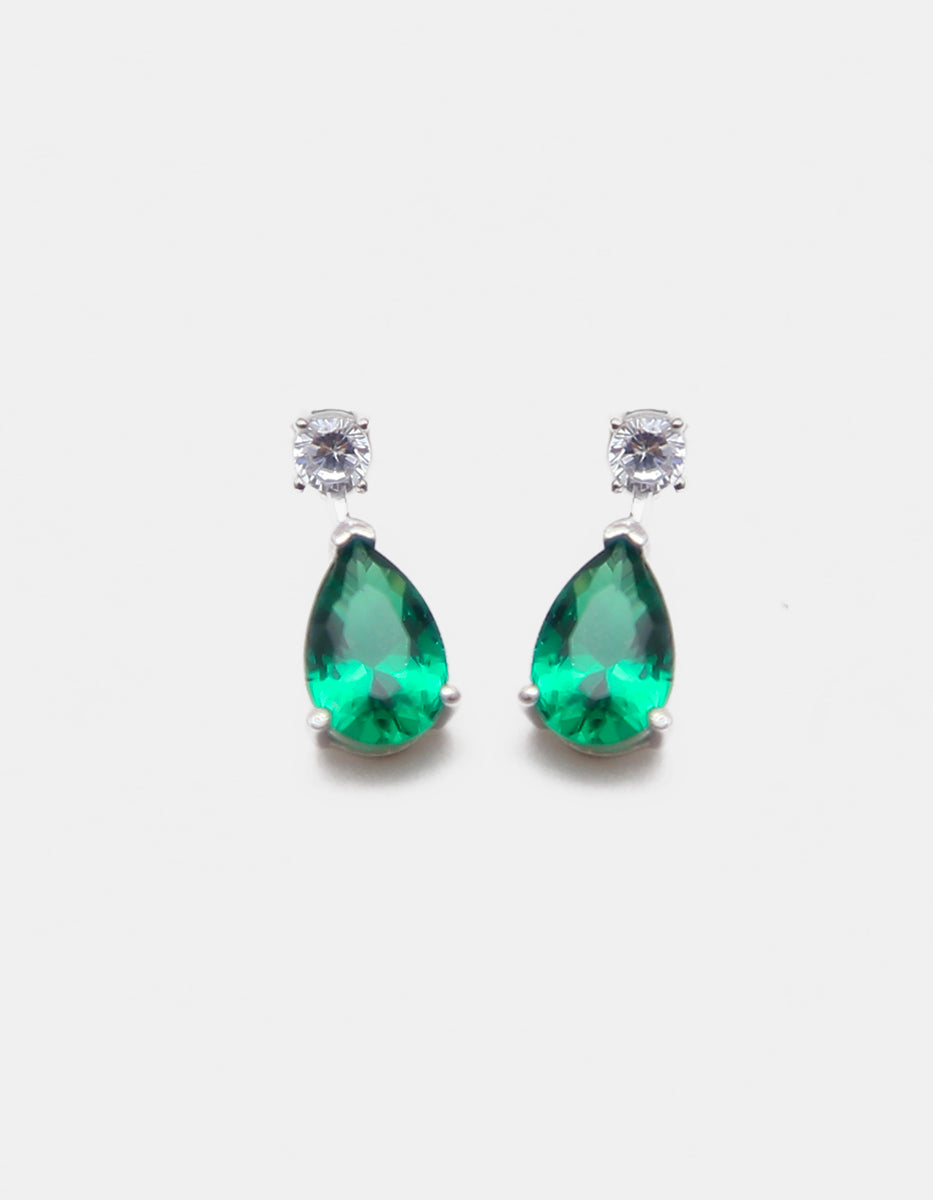 Aretes de Plata .925 bañada en Rodio Blanco con esmeraldas de Bombay y topacios blancos Eterna Silver