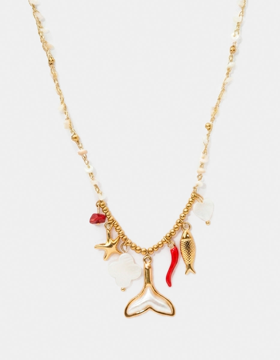 Collar de Gold-filled con dijes de cola de ballena en madreperla, pez, estrella y coral Ultramar