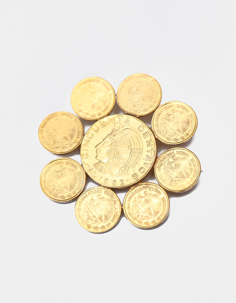 Prendedor en Rosetón de 9 Monedas Vintage en Baño de Oro de 22kt