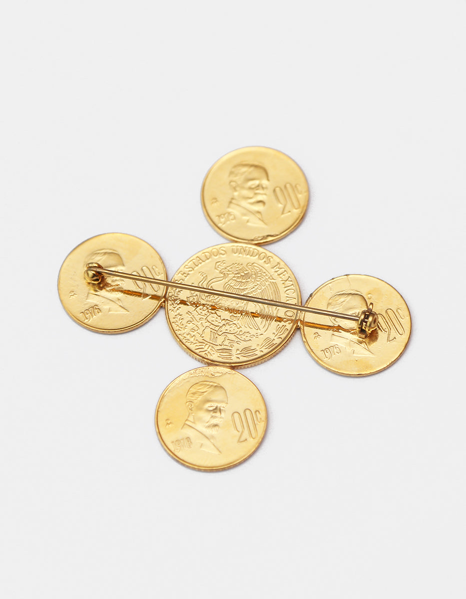 Prendedor en Cruz de Monedas Vintage en Baño de Oro de 22kt