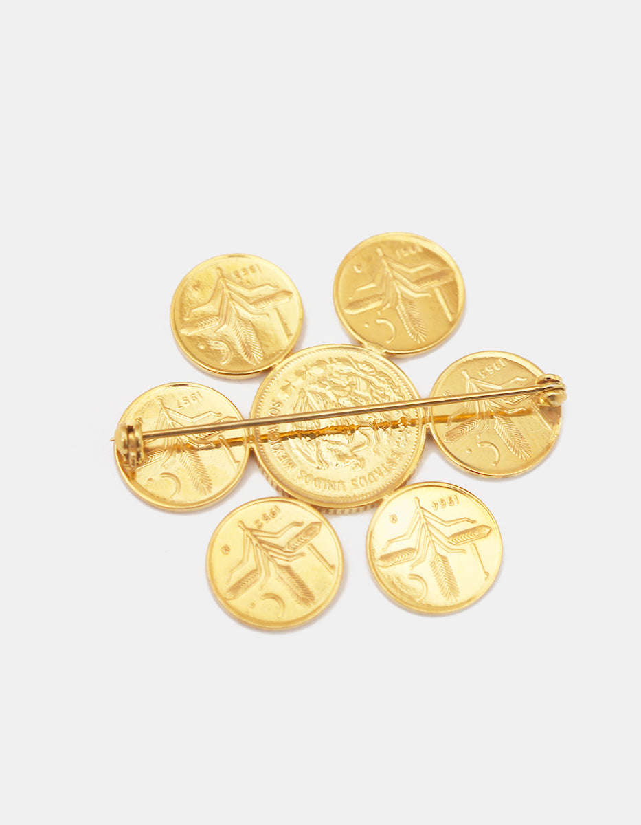 Prendedor en Rosetón de Monedas Vintage en Baño de Oro de 22kt