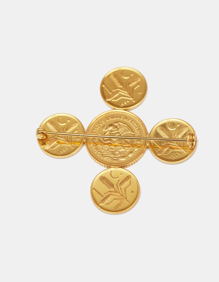 Prendedor en Cruz de Monedas Vintage en Baño de Oro de 22kt