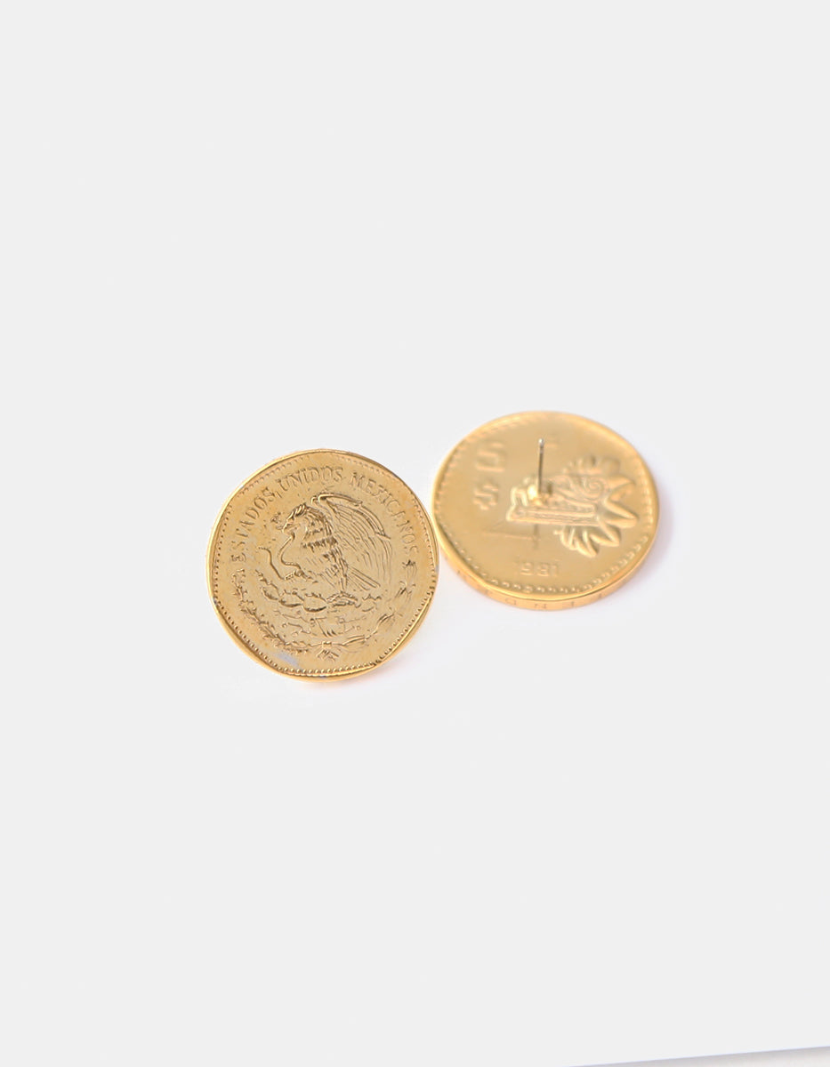 Aretes de Moneda de 5 Pesos Quetzalcóatl en Baño de Oro de 22kt