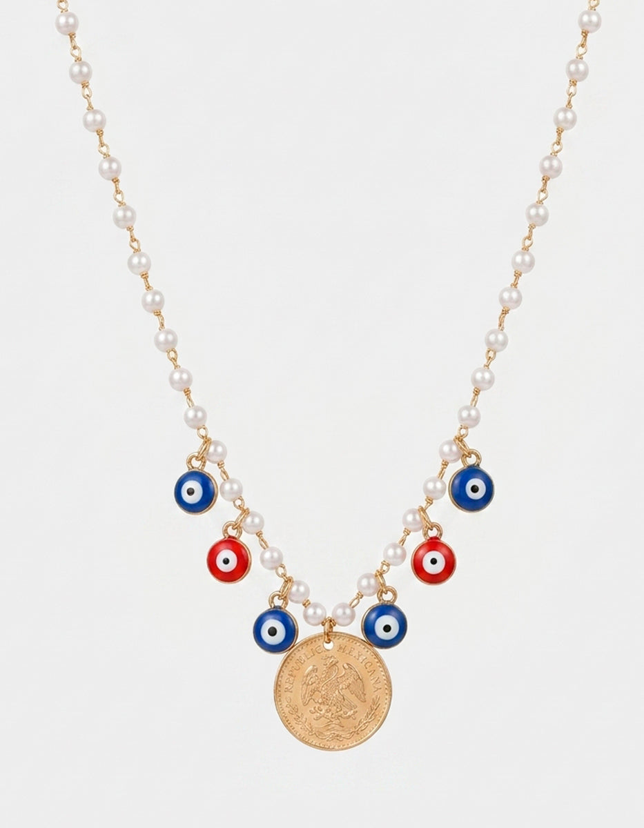 Collar de Perlas Mabe con Dije Vintage y Dijes de Ojo Turco en Baño de Oro de 22kt