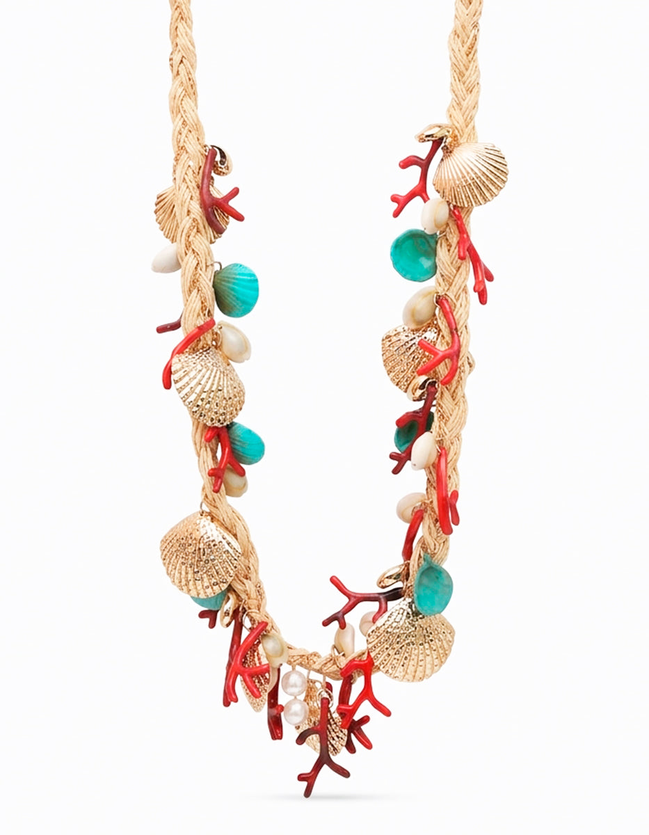 Collar de Cordón Trenzado con Coral de Baquelita y Conchas Marinas en Goldfilled 22kt