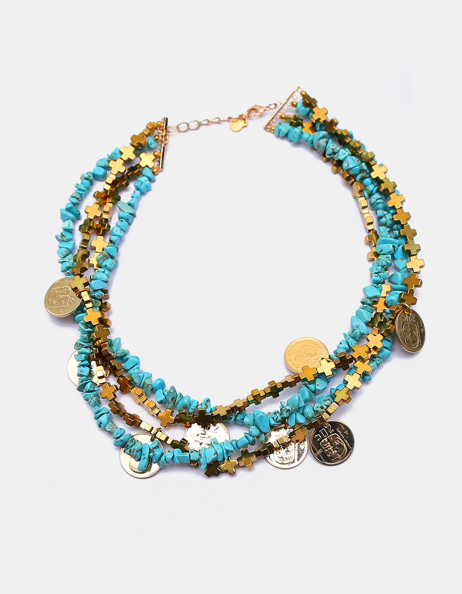 Collar Multicapa de Turquesa y Cruces Doradas con Múltiples Monedas en Baño de Oro de 22kt