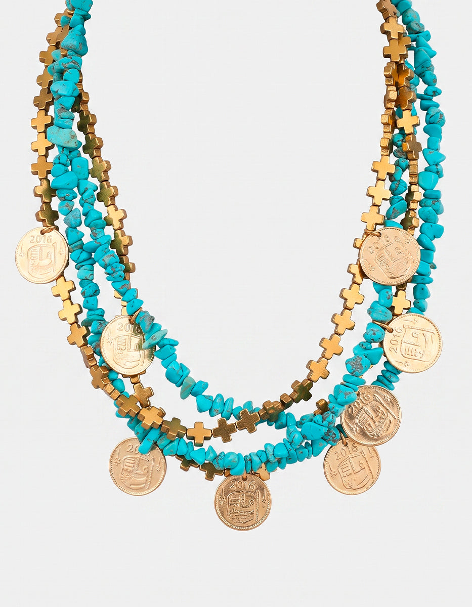 Collar Multicapa de Turquesa y Cruces Doradas con Múltiples Monedas en Baño de Oro de 22kt