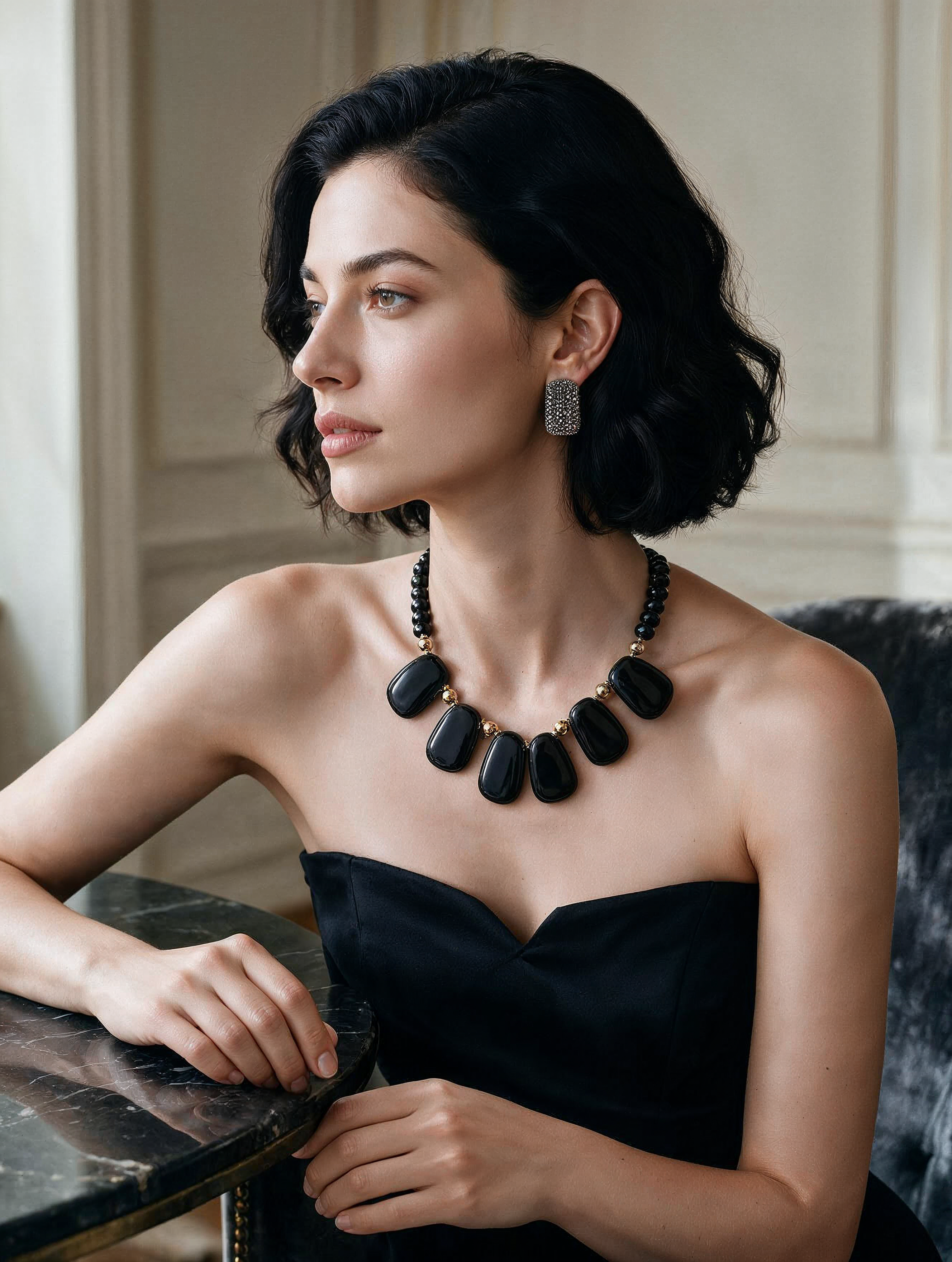 Collar Statement Ónix Negro Facetado con Placas Lisas y Esferas en Baño de Oro de 22kt