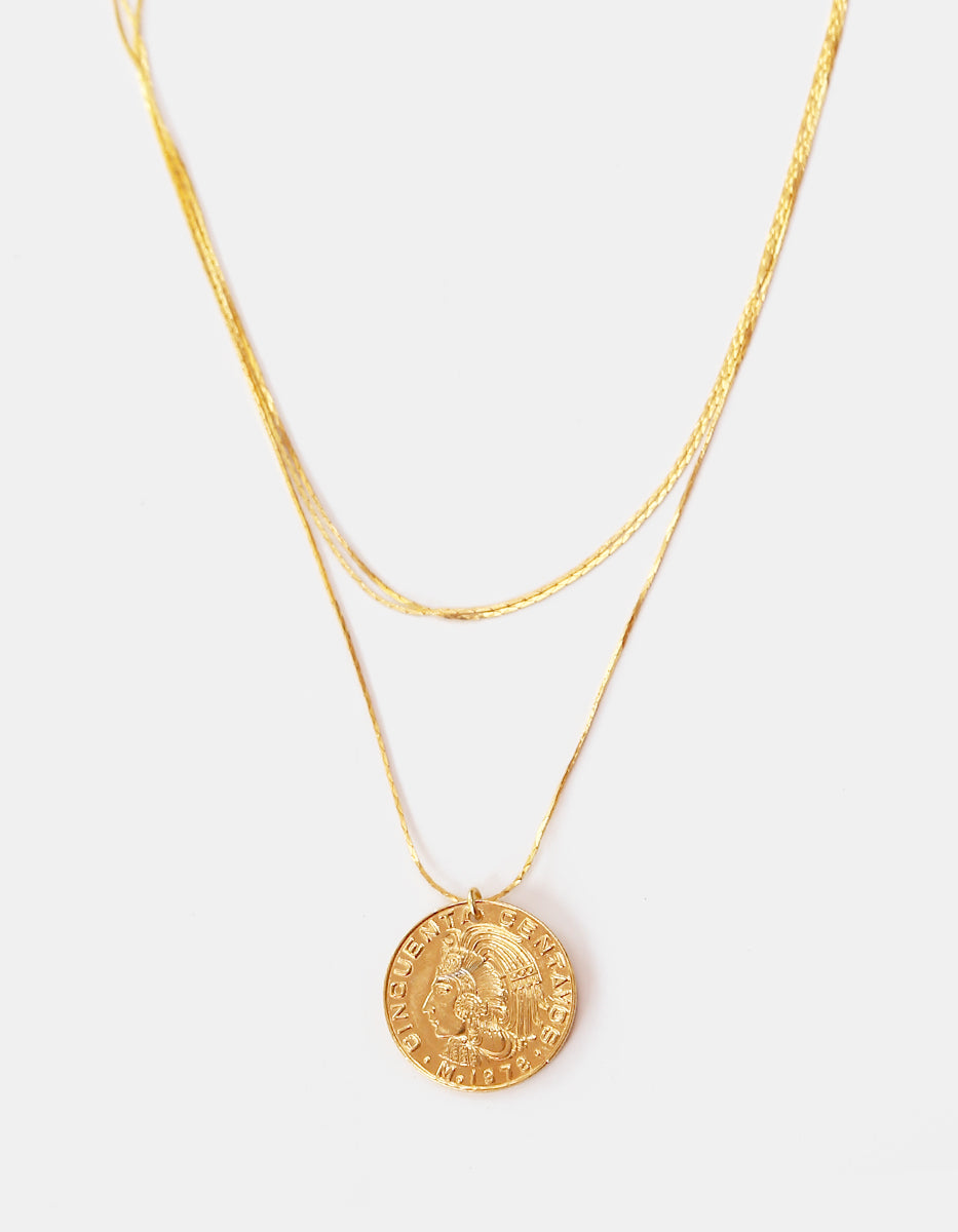 Collar Doble de Hilos Dorados Finos con Moneda Cuauhtémoc 50 Centavos en Baño de Oro de 22kt