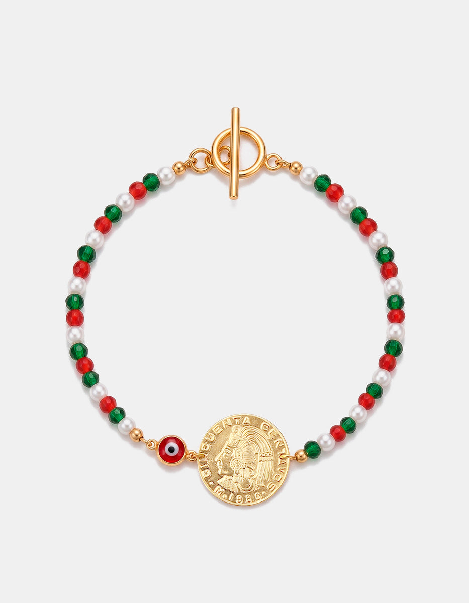 Pulsera Tricolor con Cristales Austriacos, Ojo Turco y Moneda Cuauhtémoc 50 Centavos en Baño de Oro de 22kt