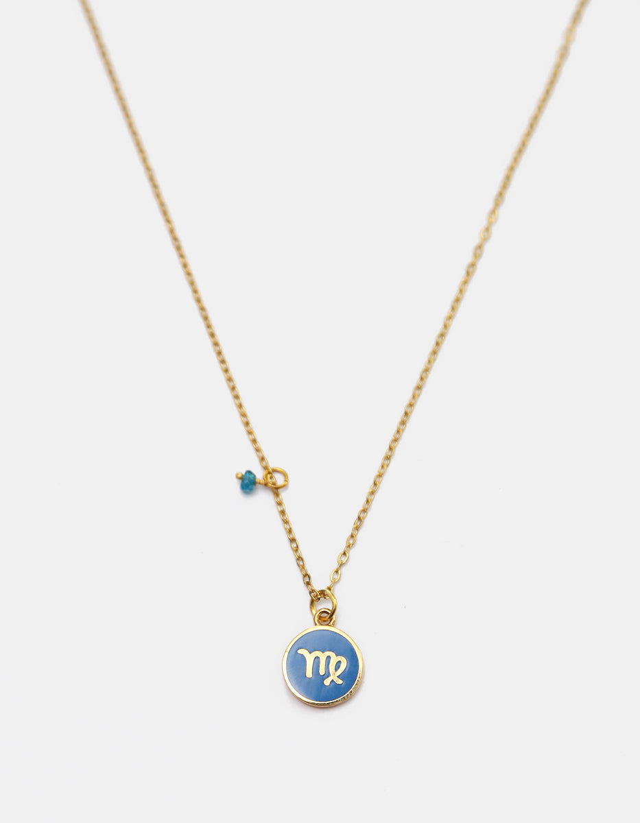 Collar Gold-Filled de 22kt con charm esmaltado de Virgo y cristal austriaco azul Zodiac