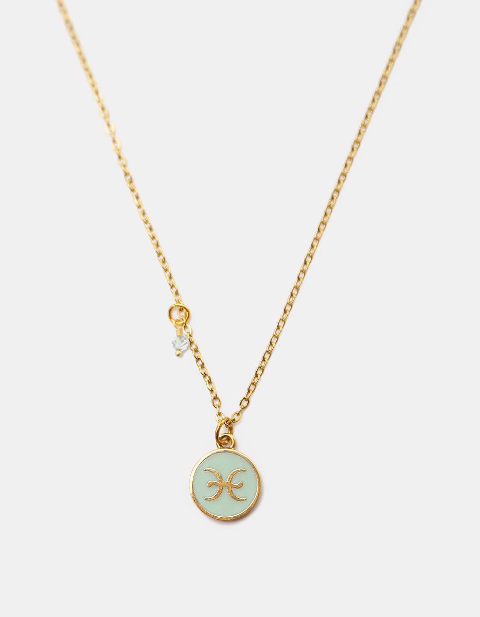 Collar Gold-Filled de 22kt con charm esmaltado de Piscis y cristal austriaco azul cielo Zodiac
