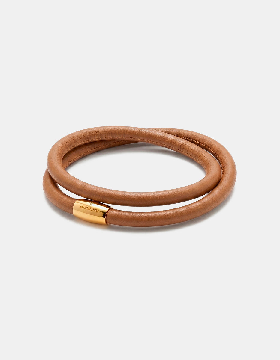 Pulsera de acero inoxidable rodinado con piel tono café