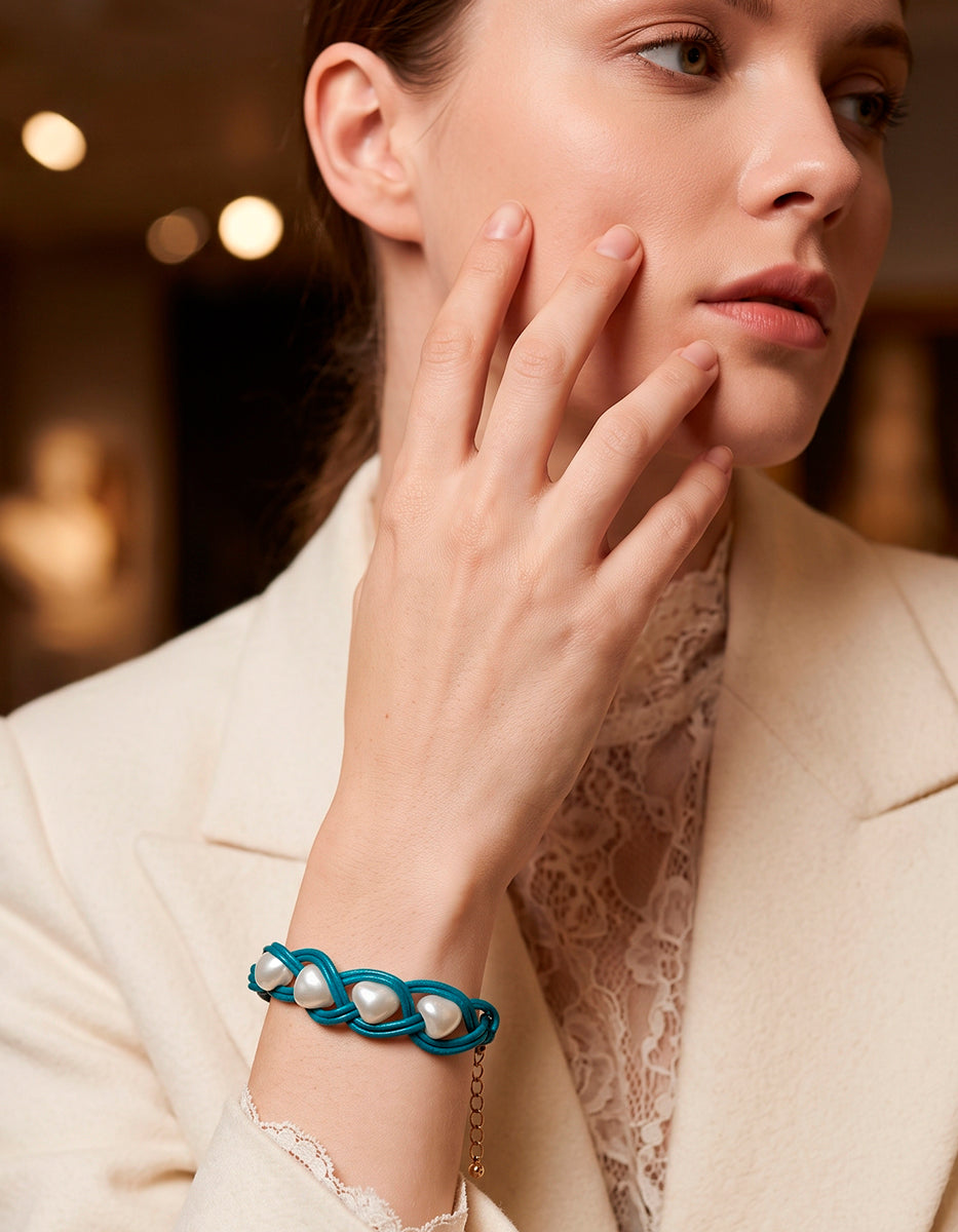 Pulsera de Cordón Cyan y Plata .925 en baño Vermeil de 22kt con Perlas Naturales Cultivadas