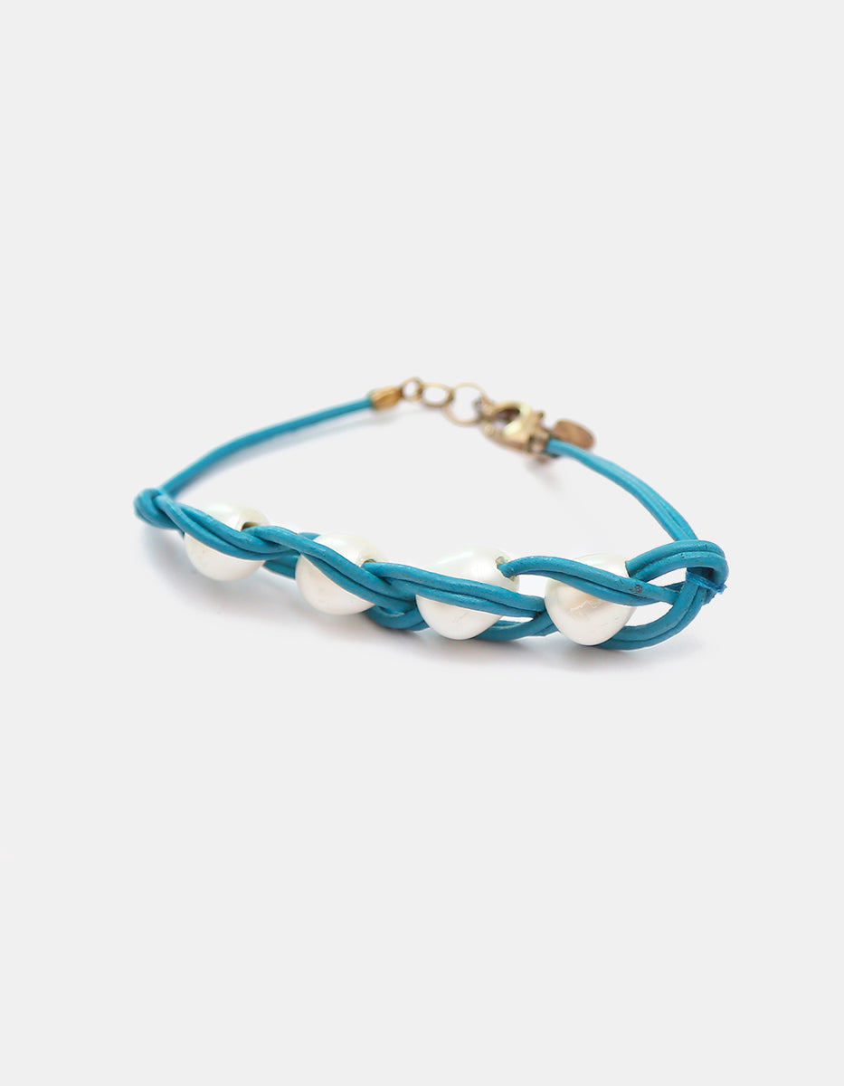 Pulsera de Cordón Cyan y Plata .925 en baño Vermeil de 22kt con Perlas Naturales Cultivadas