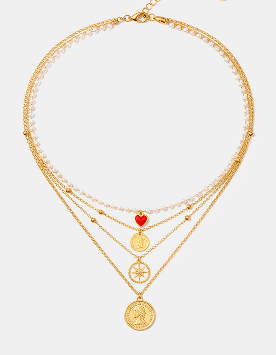 Collar monedas auténticas con dije de corazón y perlas Mabe Memorias