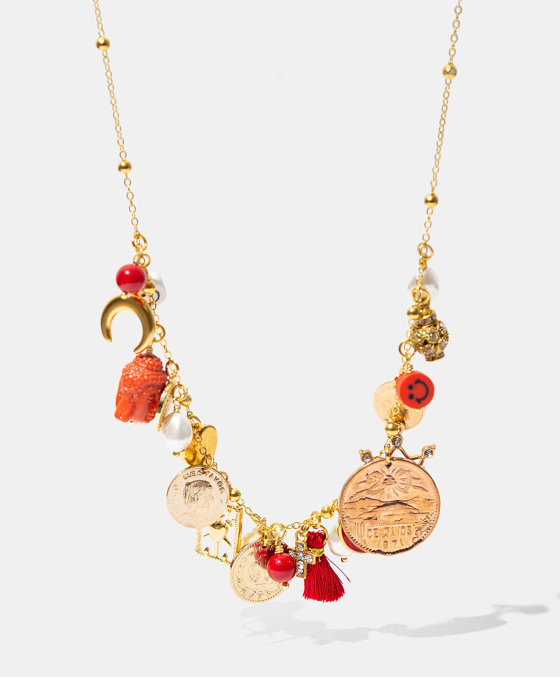 Collar moneda auténtica con Buda, luna y perlas Mabe Memorias